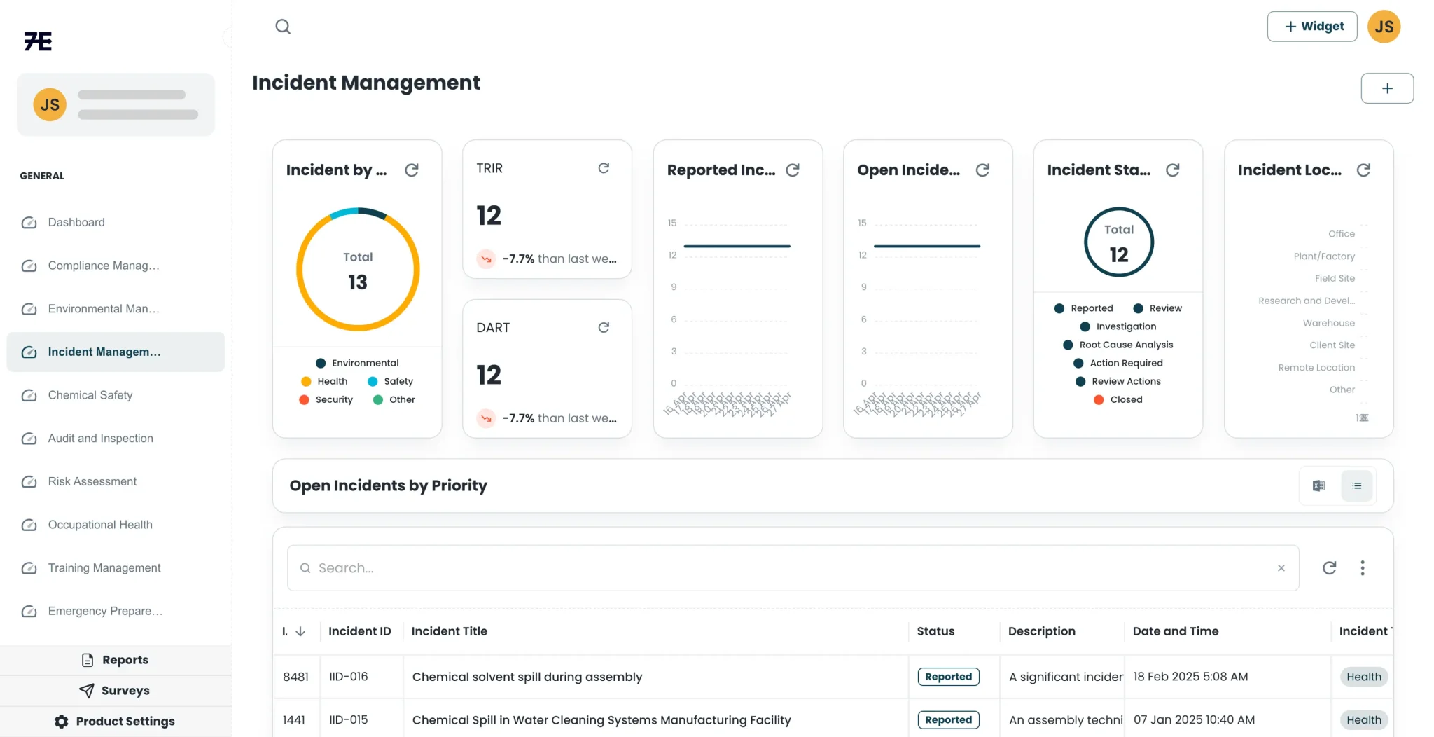 7E EHS dashboard showing incident tracking, training, and inspections