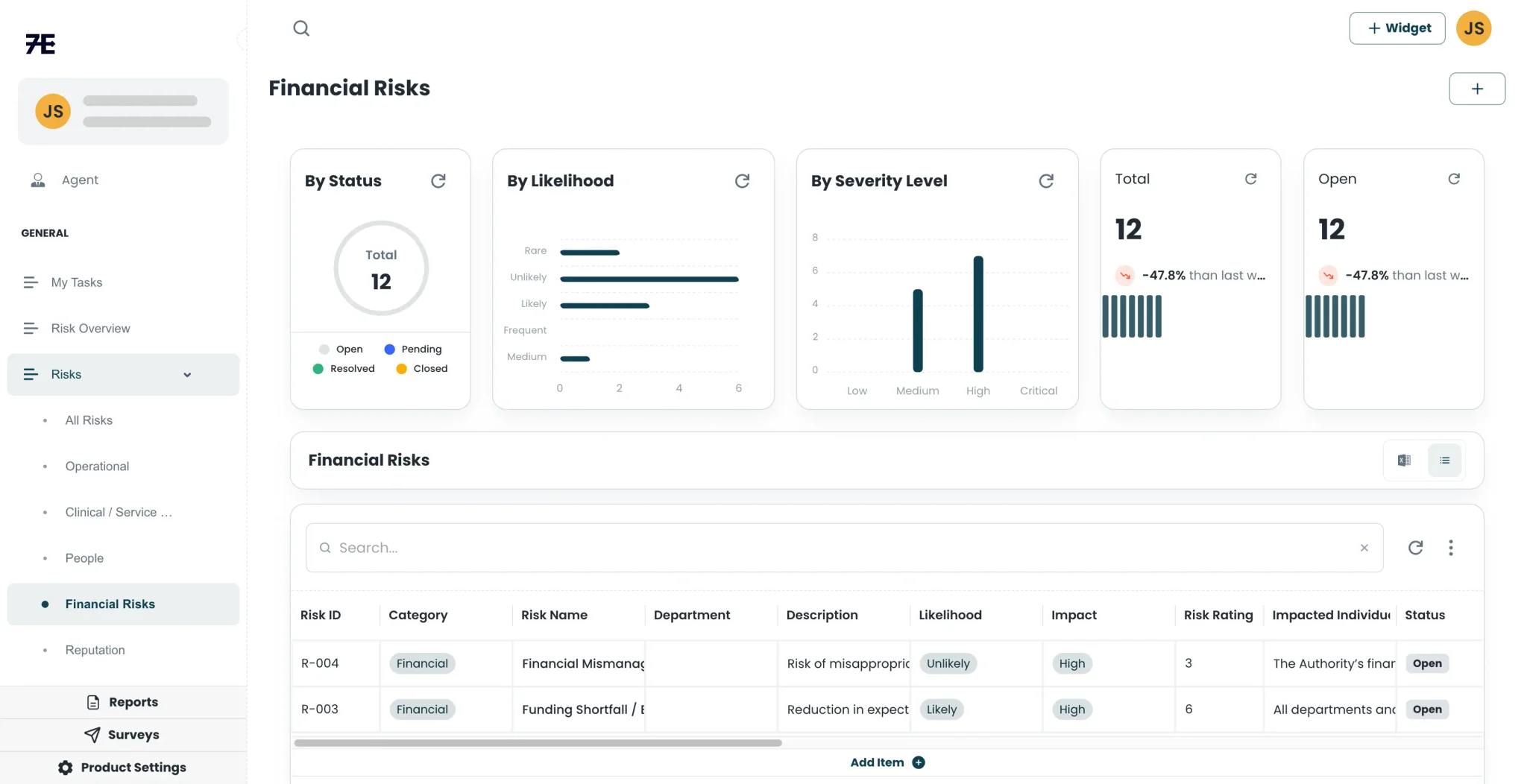 7E ERM dashboard showing enterprise risk management workflows