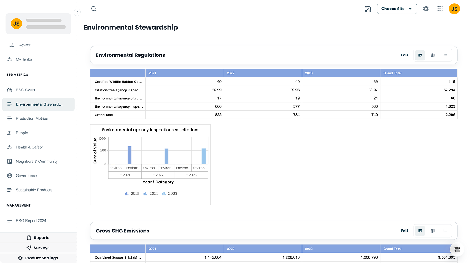 7E ESG dashboard showing sustainability reporting and framework alignment
